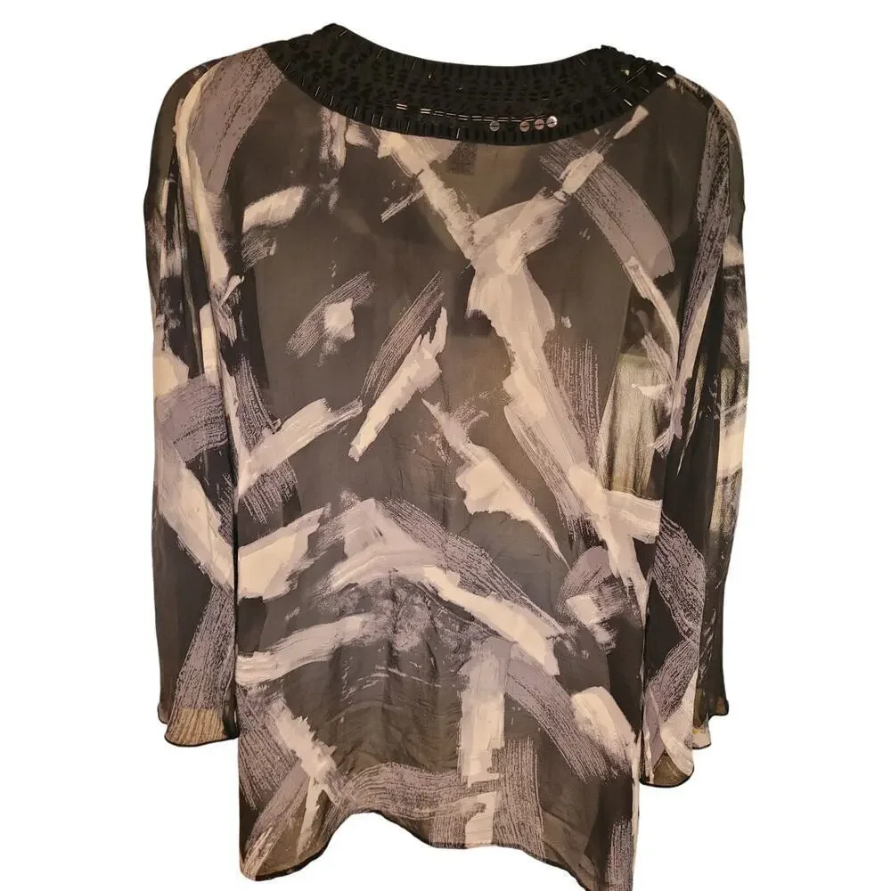 Chico's Women Blouse Blk/White Dolman Sleeve Sheer Silk Sparkle Neck Sequin Sz 1 - Picture 4 of 4